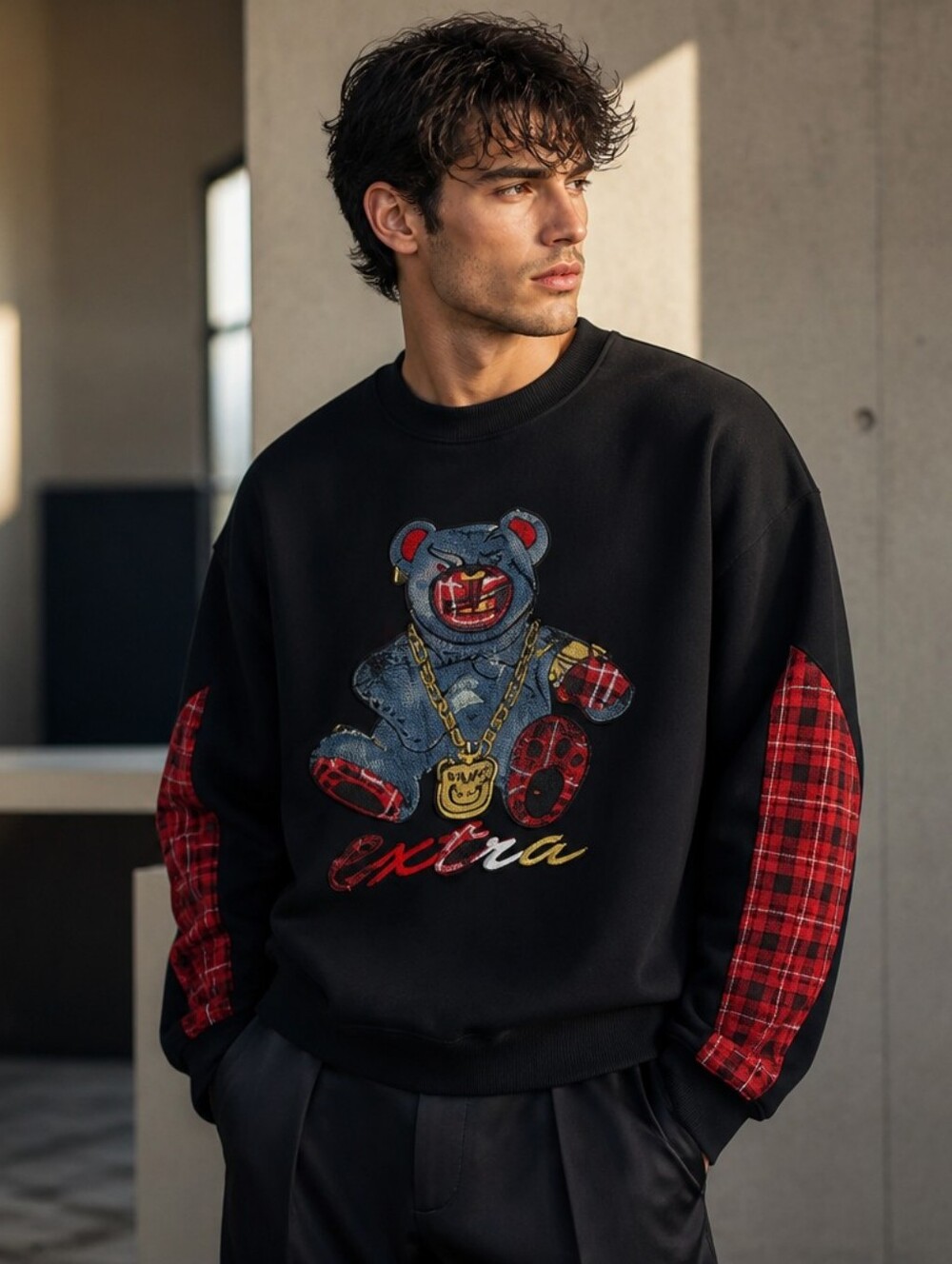 Men's Black Pullover Sweatshirt with Teddy Graphic